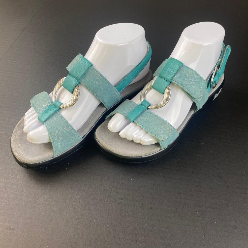 Alegria Women Leather Sandals Sz 7 Teal & Silver Straps Comfortable‎ Buckle used